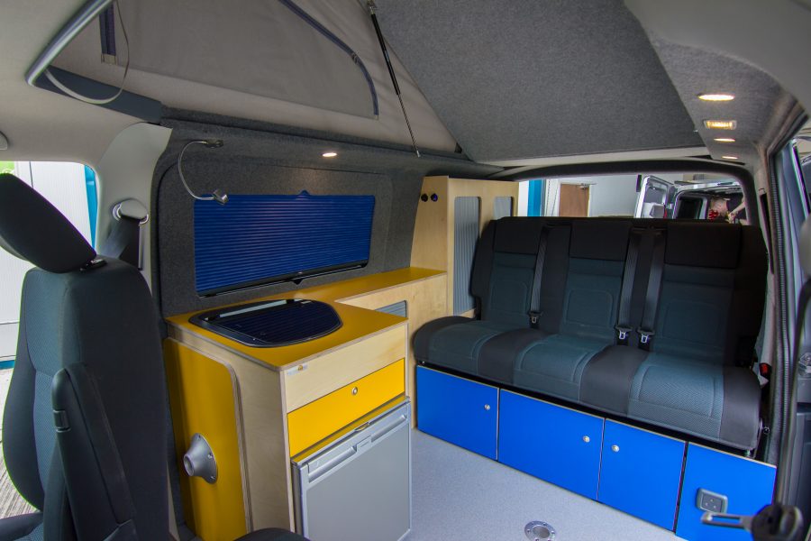 VW Van conversion yellow and blue interior